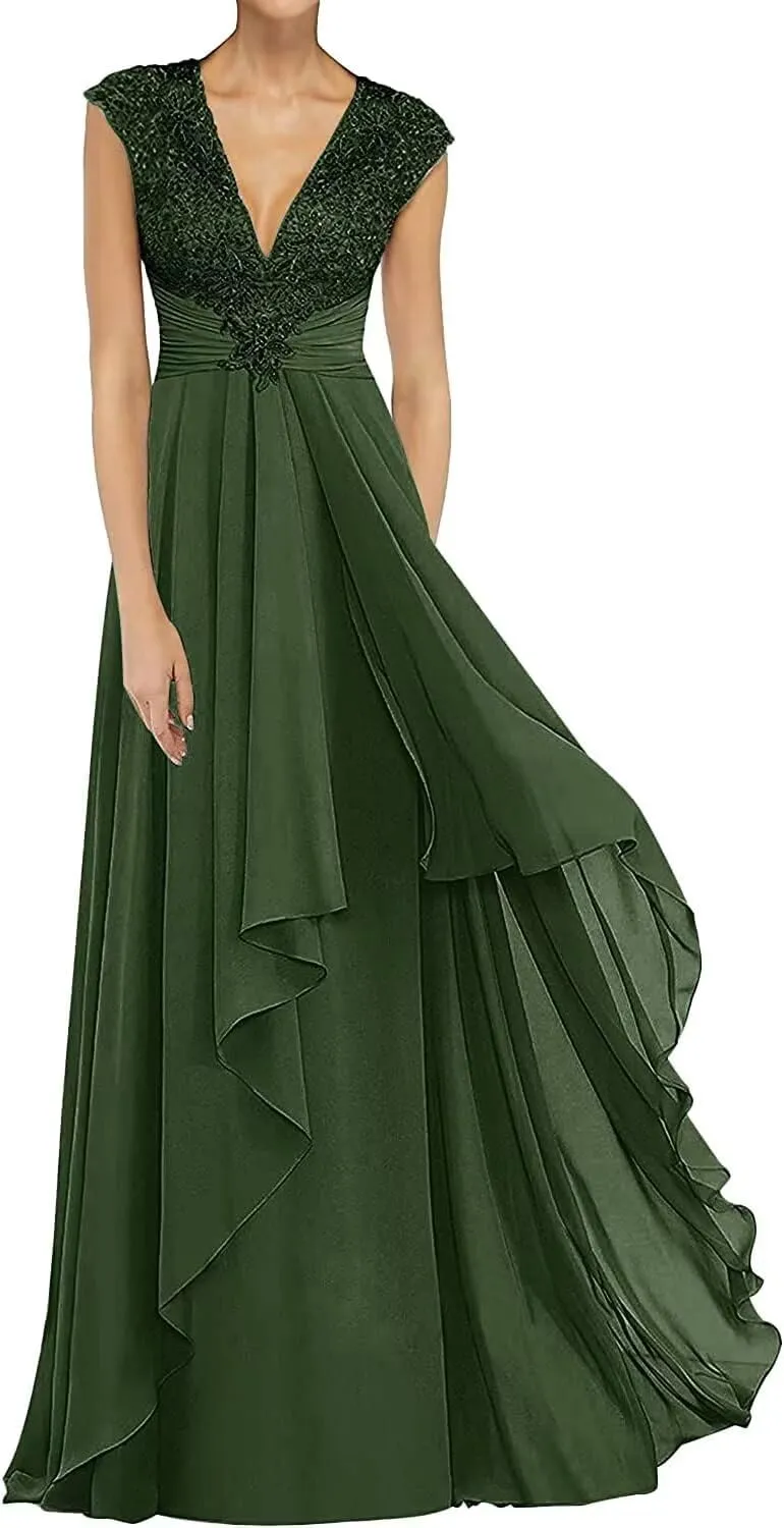 Lace Appliques Mother of The Bride Dresses Long Chiffon Prom Formal Dress V Neck Formal Evening Wedding Party Gown