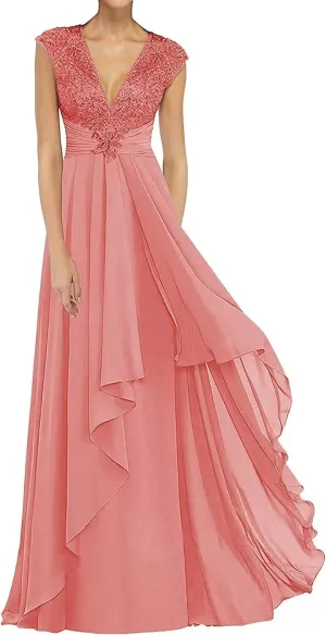 Lace Appliques Mother of The Bride Dresses Long Chiffon Prom Formal Dress V Neck Formal Evening Wedding Party Gown