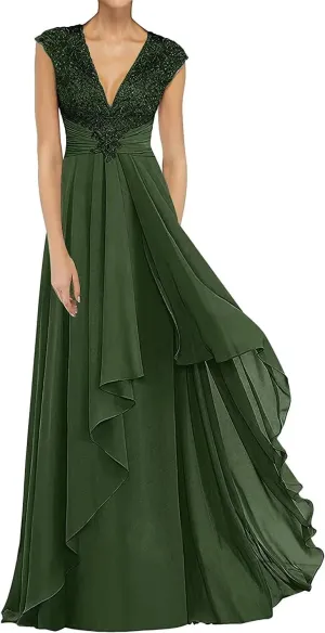 Lace Appliques Mother of The Bride Dresses Long Chiffon Prom Formal Dress V Neck Formal Evening Wedding Party Gown