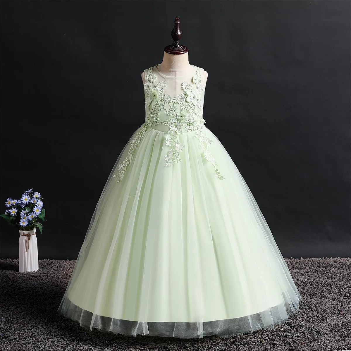 Little Big Girl Flower Tulle Dress Princess Pageant Birthday Party Wedding Formal Floor Long Dance Evening Maxi Gown