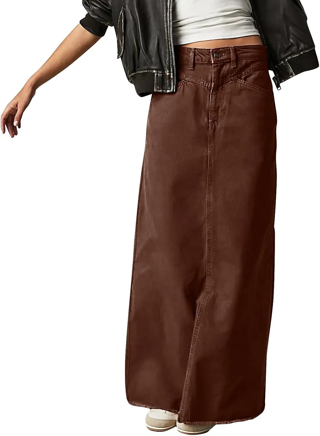Long Denim Skirt Women Trendy Frayed Hem Maxi Jean Skirt Loose Fit Button Down High Waisted Denim Skirt with Pockets