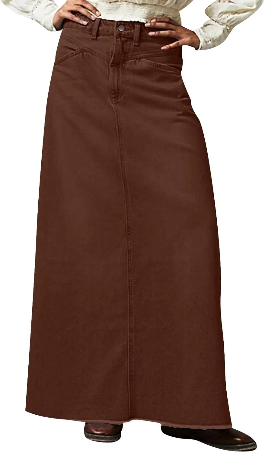 Long Denim Skirt Women Trendy Frayed Hem Maxi Jean Skirt Loose Fit Button Down High Waisted Denim Skirt with Pockets