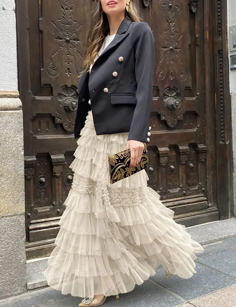 Long Flowy Tulle Skirts for Women Trendy High Waisted A-Line Fairy Mesh Ruffle Tiered Maxi Skirt