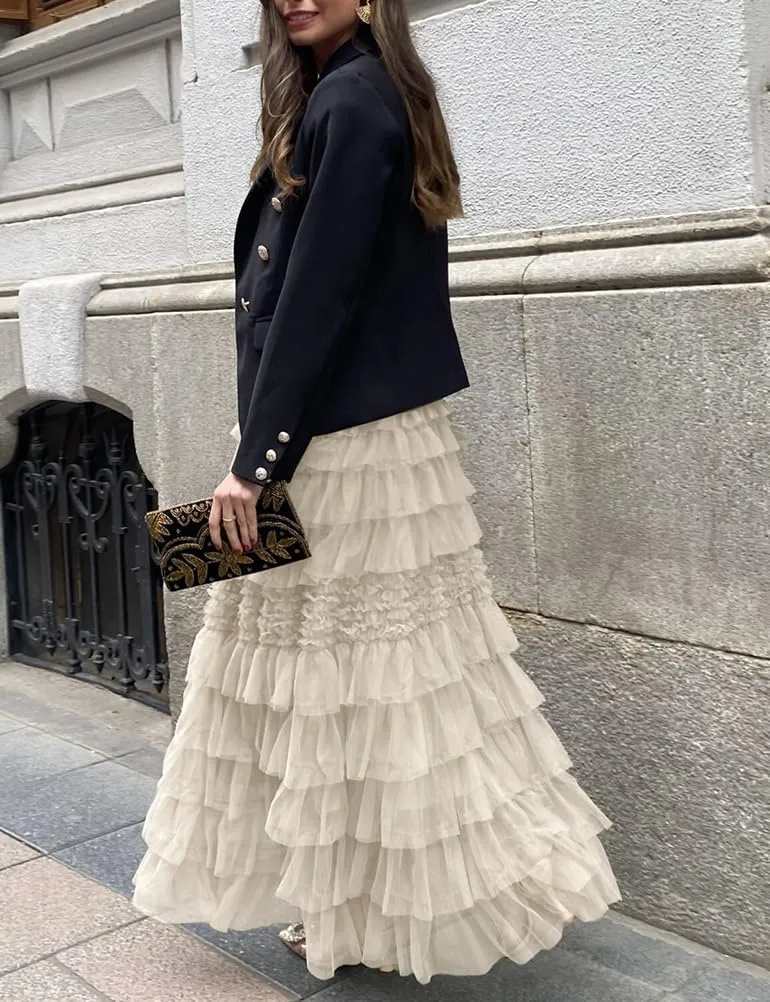 Long Flowy Tulle Skirts for Women Trendy High Waisted A-Line Fairy Mesh Ruffle Tiered Maxi Skirt