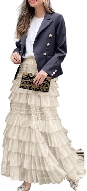 Long Flowy Tulle Skirts for Women Trendy High Waisted A-Line Fairy Mesh Ruffle Tiered Maxi Skirt