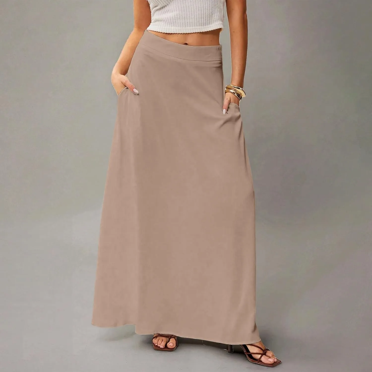 Long Skirts for Women 2025 Summer Vacation High Waisted A Line Skirt Elegant Work Office Flowy Maxi Skirt with Pockets
