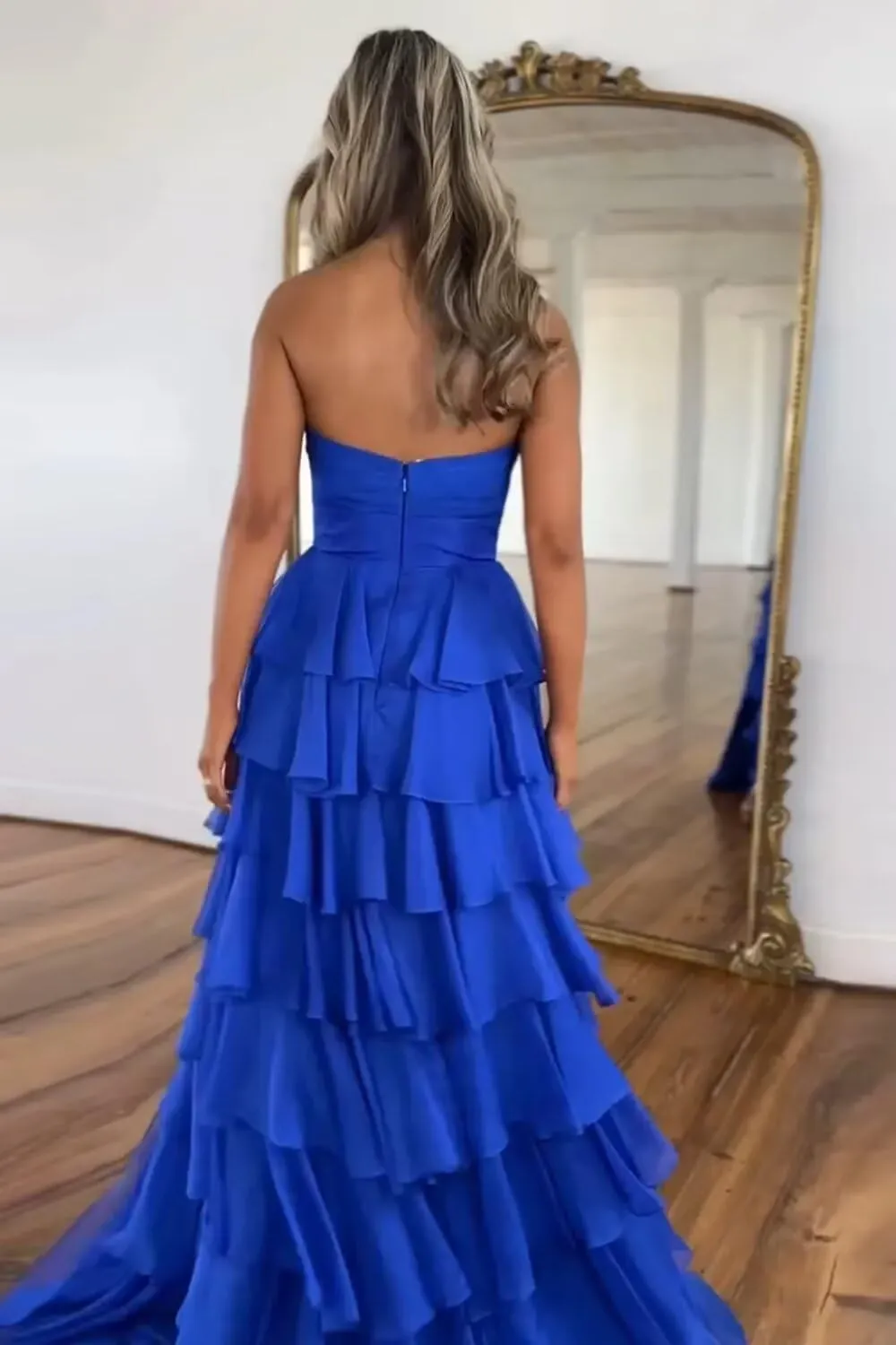 Long Strapless Prom Dresses for Women A Line Tiered Ruffles Chiffon Formal Evening Party Gowns with Slit
