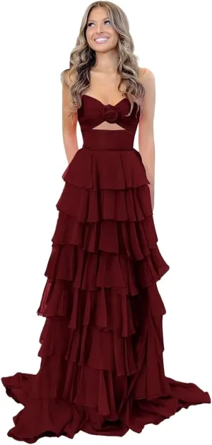 Long Strapless Prom Dresses for Women A Line Tiered Ruffles Chiffon Formal Evening Party Gowns with Slit