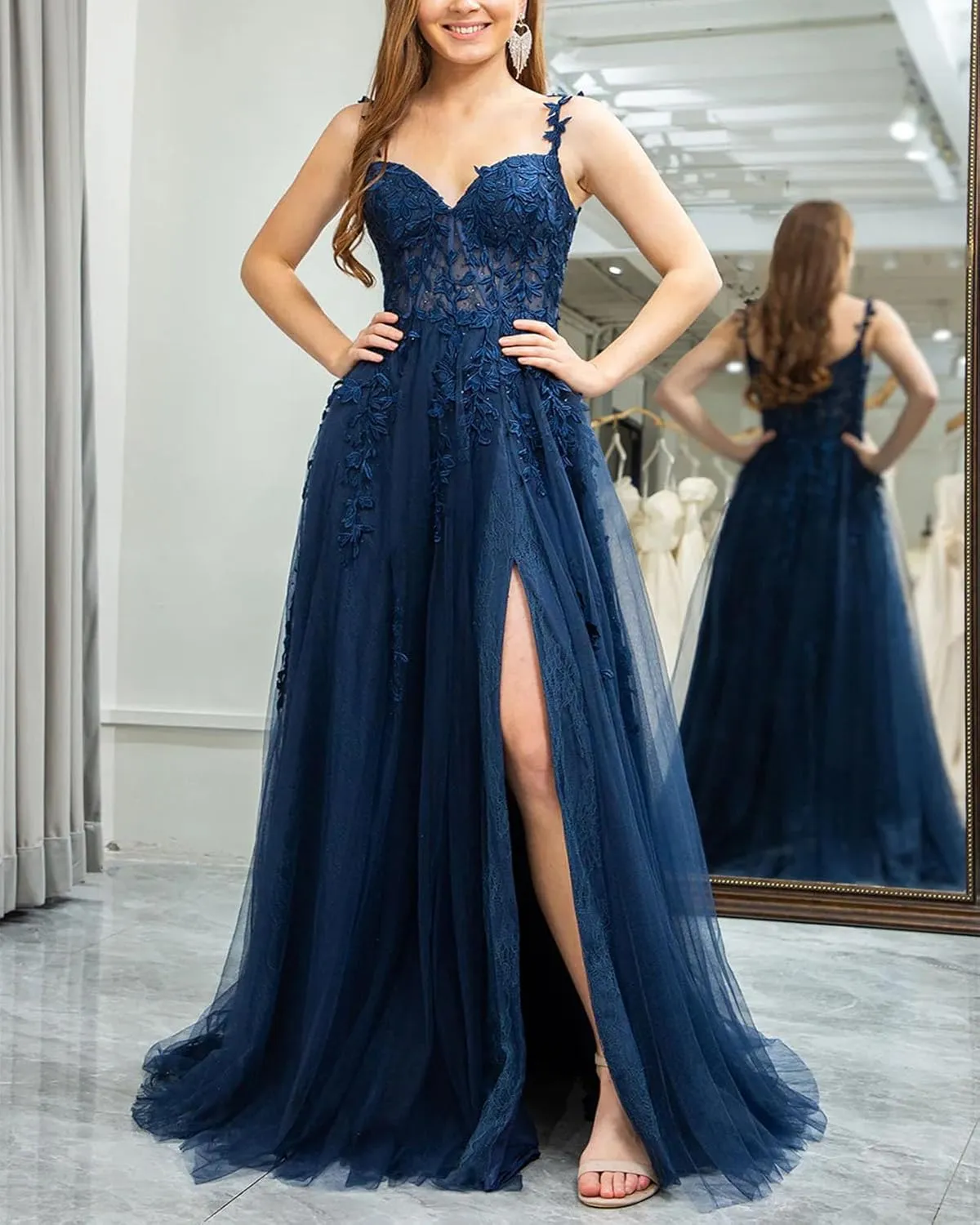 Long Tulle Prom Dresses 2025 V Neck Floral Long Ball Gowns for Women Lace Applique Formal Evening Gowns ACE159