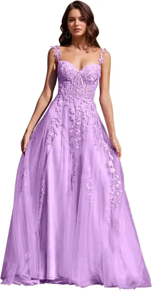 Long Tulle Prom Dresses 2025 V Neck Floral Long Ball Gowns for Women Lace Applique Formal Evening Gowns ACE159