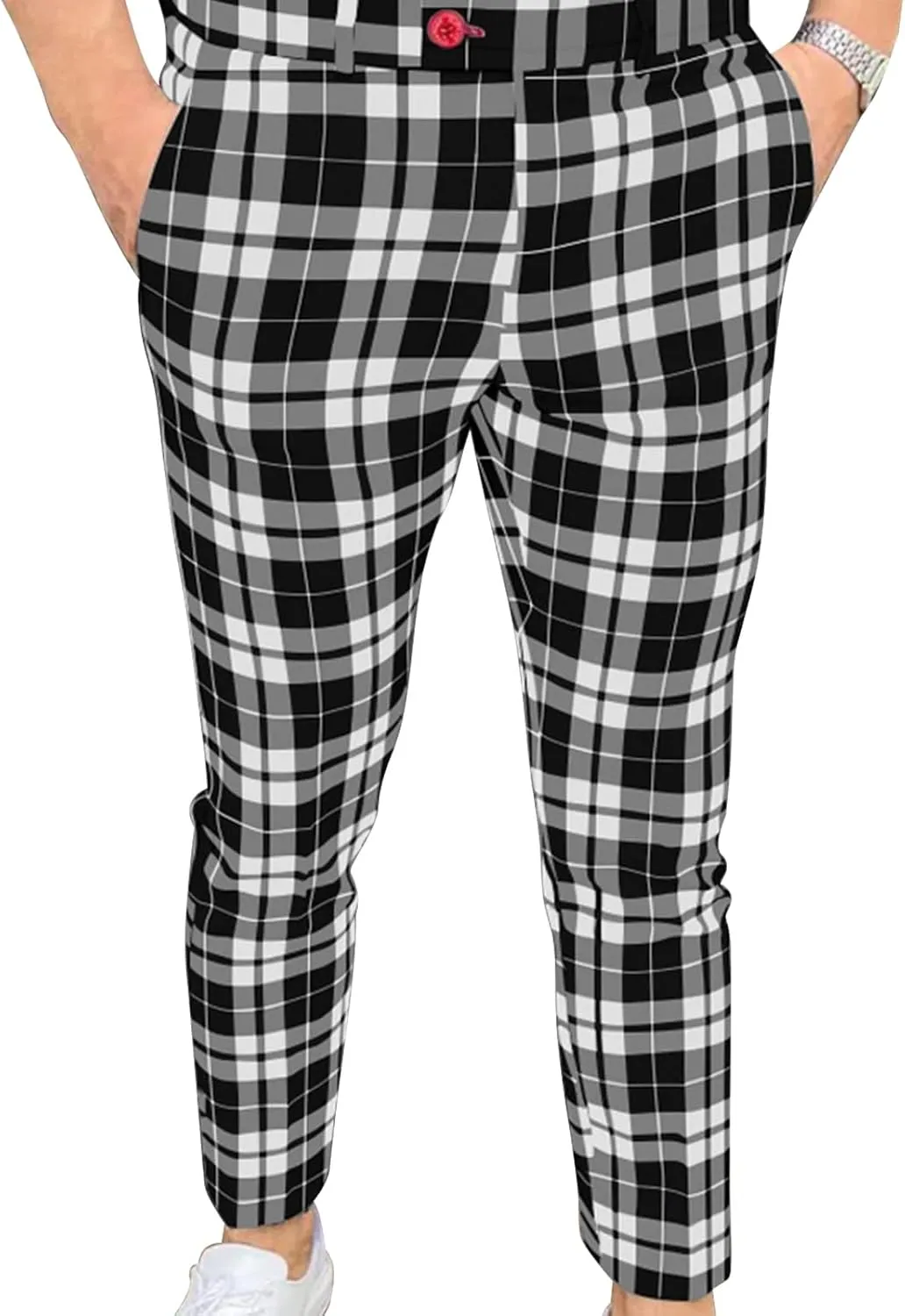 Maiyifu-GJ Men Plaid Dress Chino Pants Casual Stretch Slim Fit Business Trousers Checked Flat Front Skinny Golf Long Pant