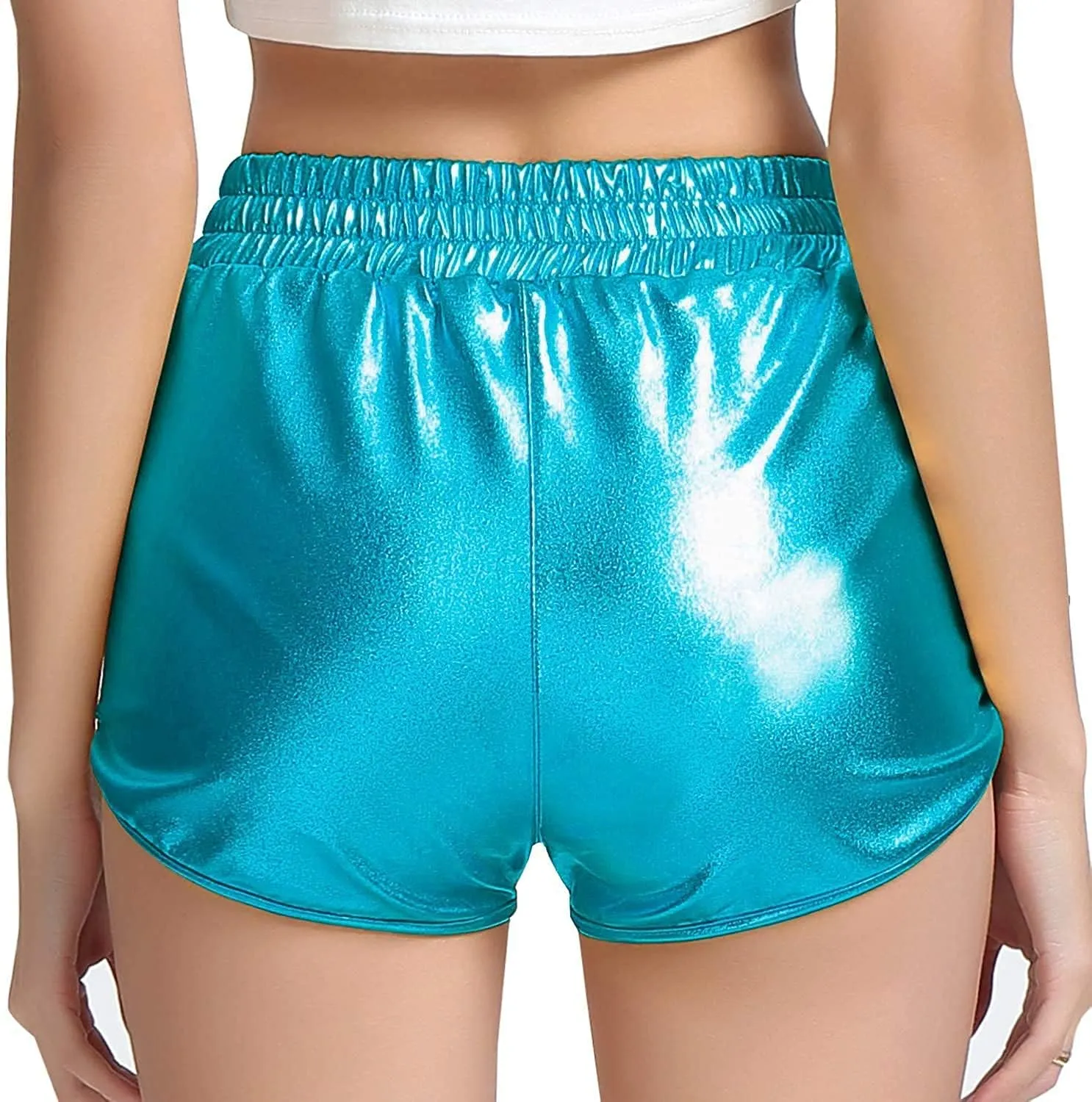 MAKARTHY Women's Metallic Shorts Elastic Waist Shiny Sparkly Rave Pants