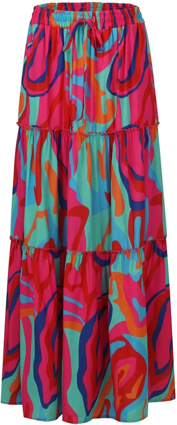 Maxi Skirt for Women 2025 Summer Layered Tiered Elastic Skirt Ruffle A Line Skirts Long Bohemian Skirts with Pockets