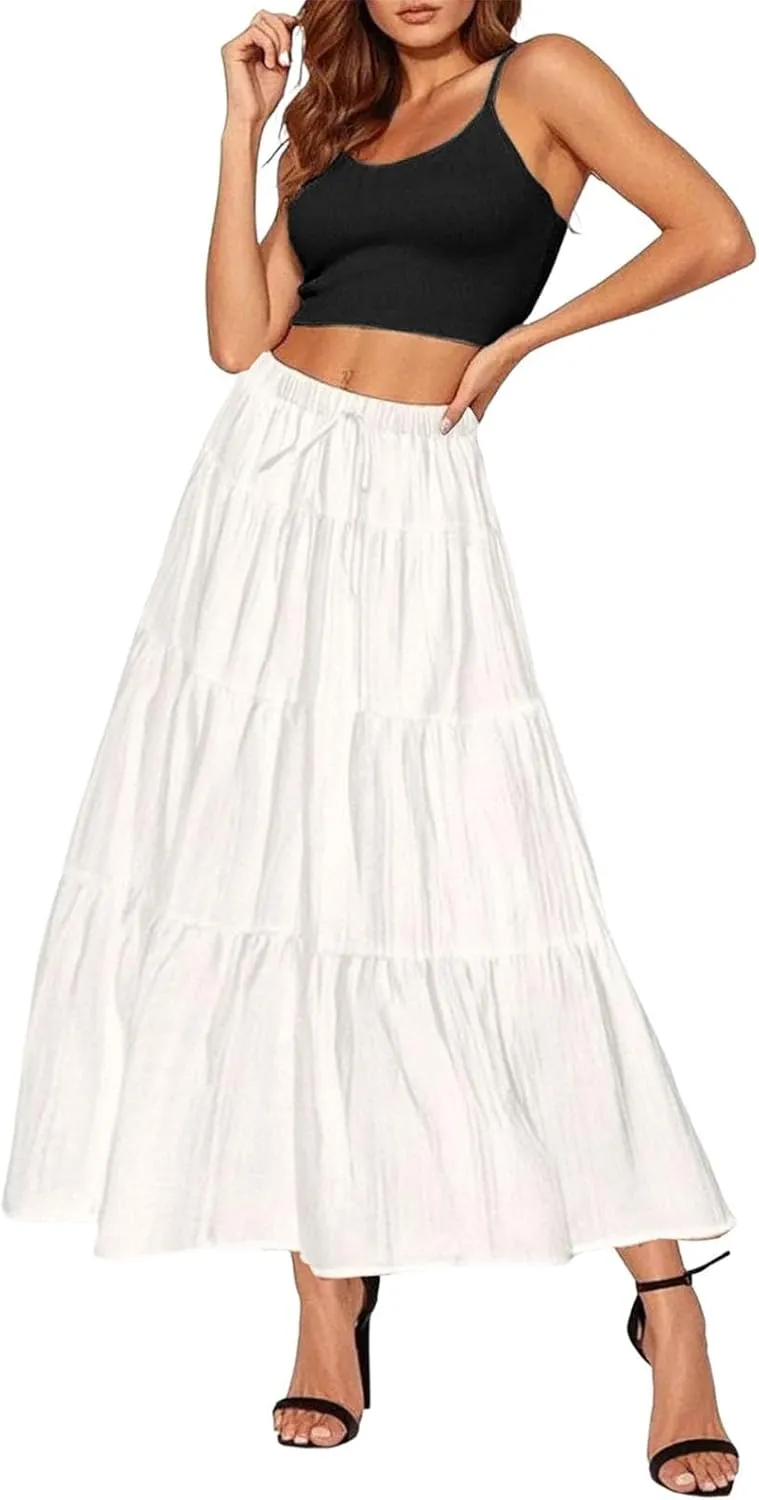 Maxi Skirts for Women 2025 Fashion Boho Long Skirt Summer Beach Swing Ruffle Tiered A-Line Pleated Elastic Waist
