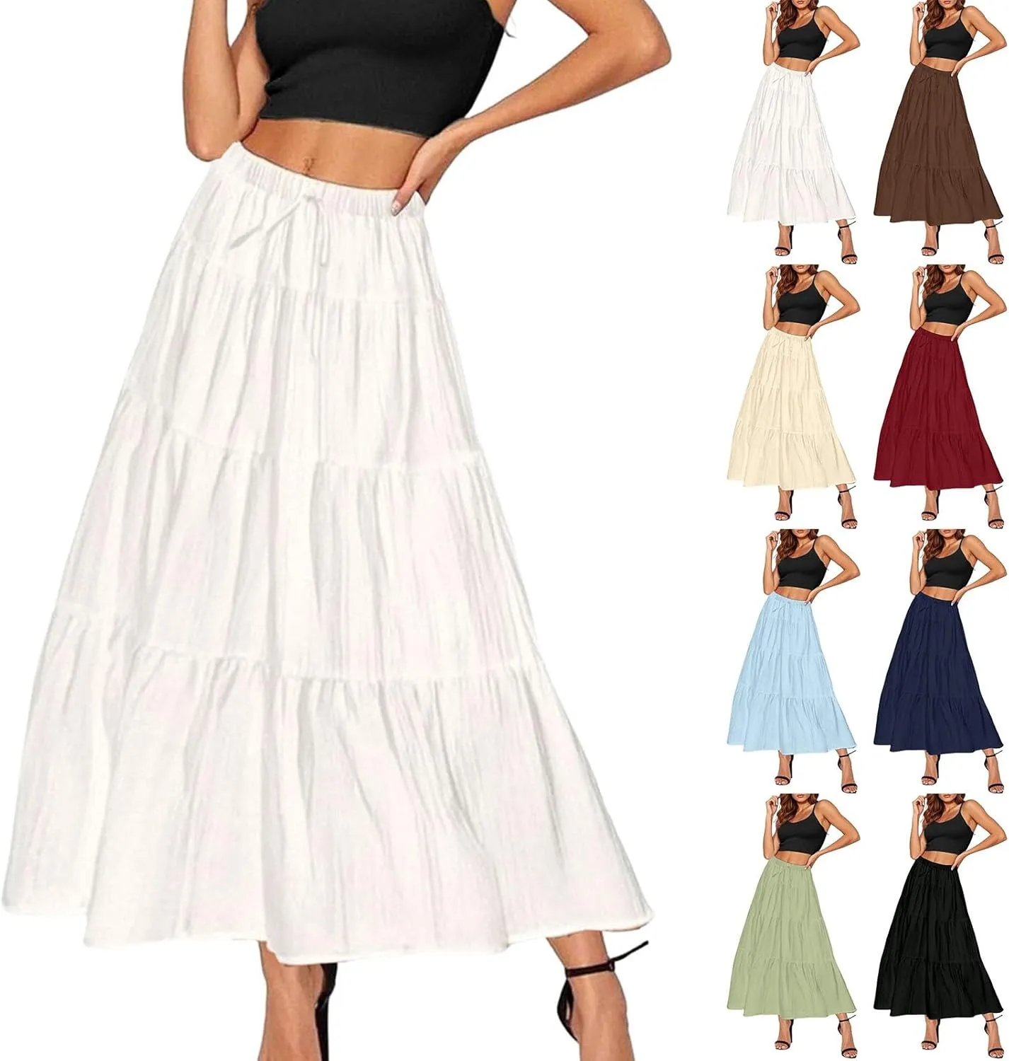 Maxi Skirts for Women 2025 Fashion Boho Long Skirt Summer Beach Swing Ruffle Tiered A-Line Pleated Elastic Waist
