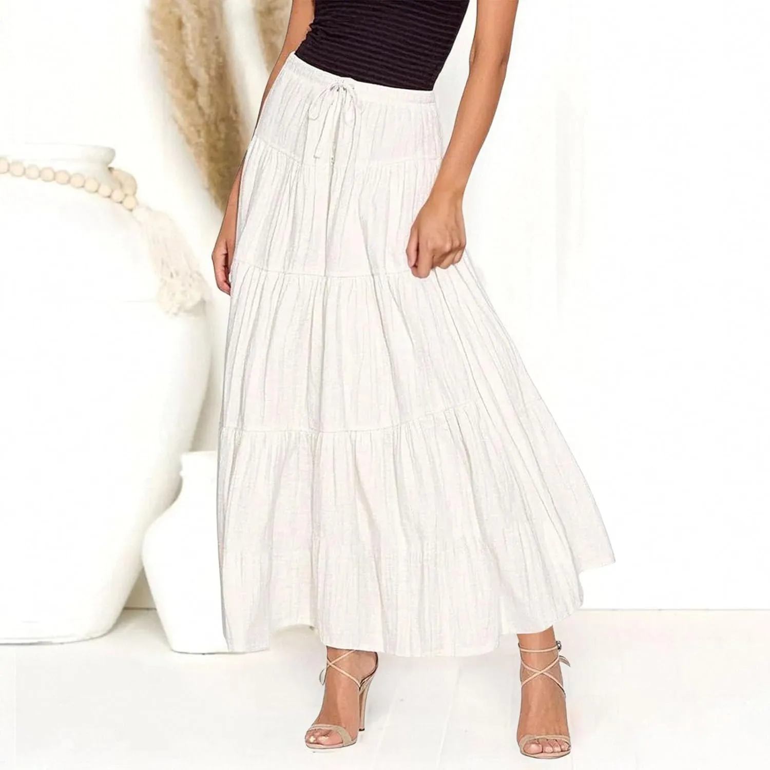 Maxi Skirts for Women 2025 Fashion Boho Long Skirt Summer Beach Swing Ruffle Tiered A-Line Pleated Elastic Waist