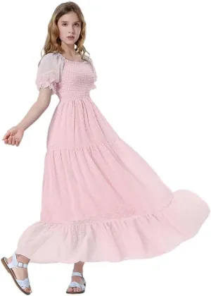 Mebius Girls Maxi Dress Long Smocked Dresses Swiss Dots Square Neck Short Sleeve Casual A-line Flowy for 6-12 Years