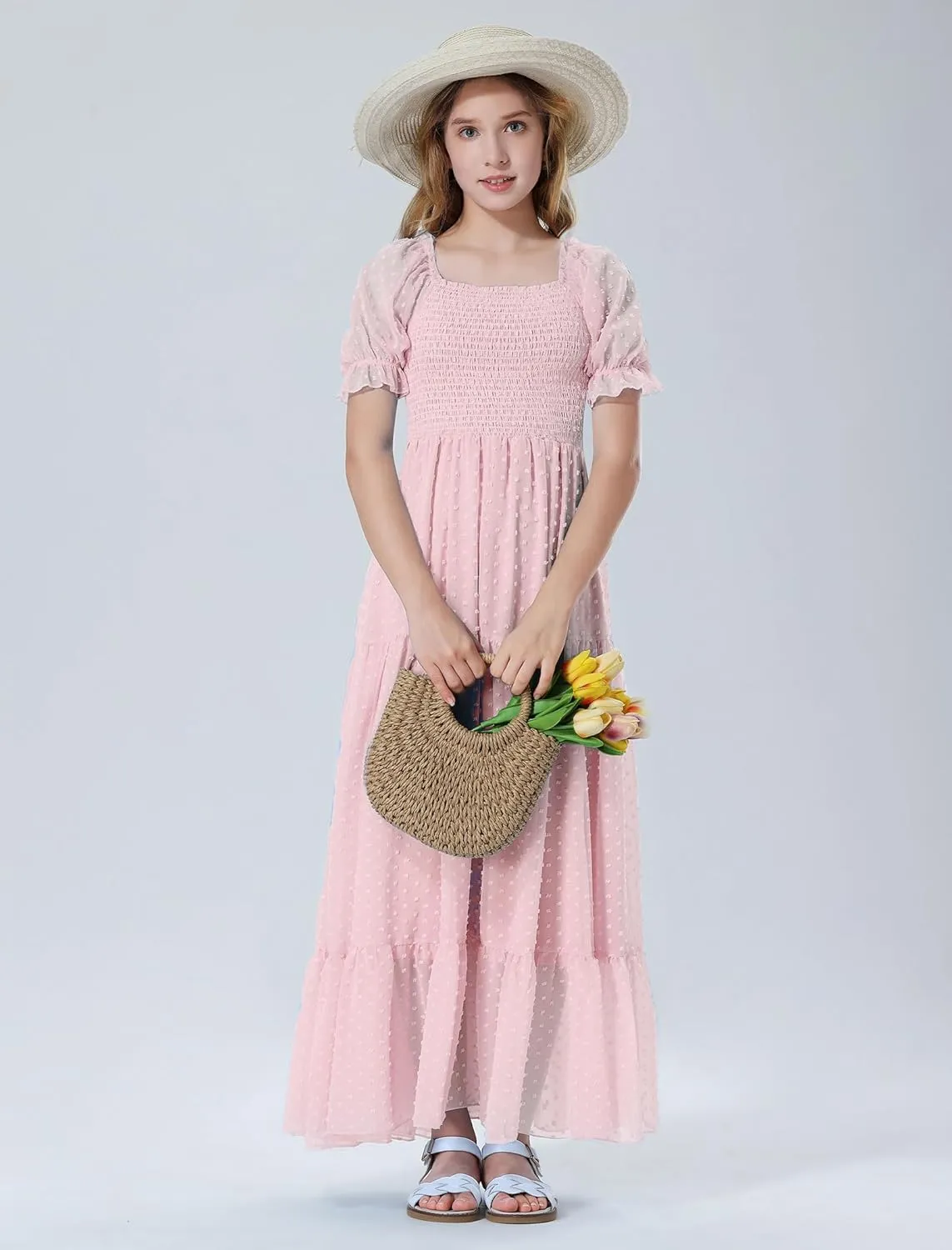 Mebius Girls Maxi Dress Long Smocked Dresses Swiss Dots Square Neck Short Sleeve Casual A-line Flowy for 6-12 Years