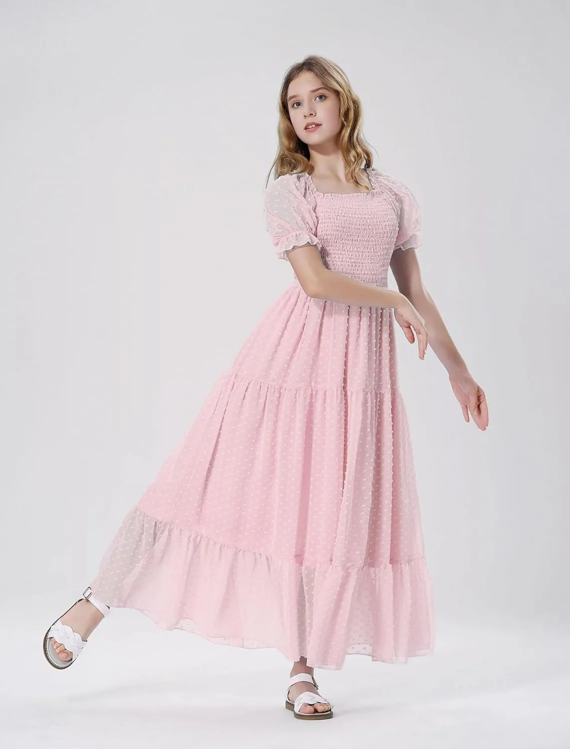 Mebius Girls Maxi Dress Long Smocked Dresses Swiss Dots Square Neck Short Sleeve Casual A-line Flowy for 6-12 Years