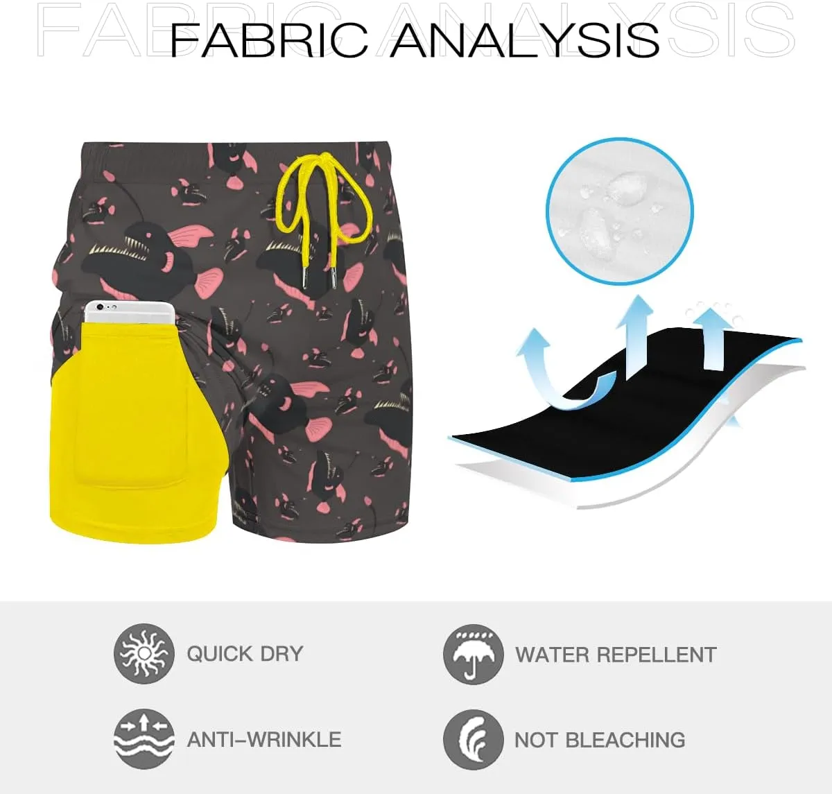 Men's Stretchy Elastic Waist Trunks Anglerfish Pattern Swim Trunks Vacation Travel Outdoor Sports Fitness