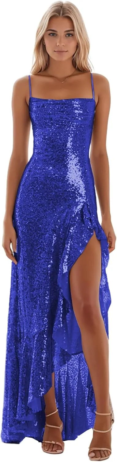 Mermaid Prom Dresses for Women Sparkly Long Evening Dress with Slit Spaghetti Straps Formal Gown