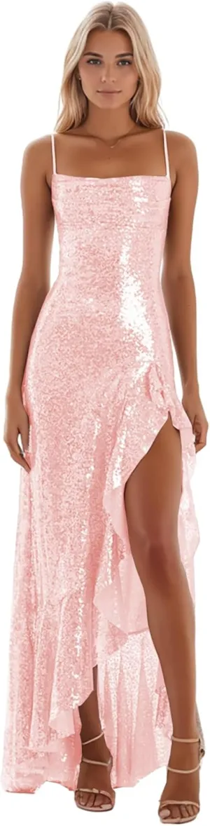 Mermaid Prom Dresses for Women Sparkly Long Evening Dress with Slit Spaghetti Straps Formal Gown