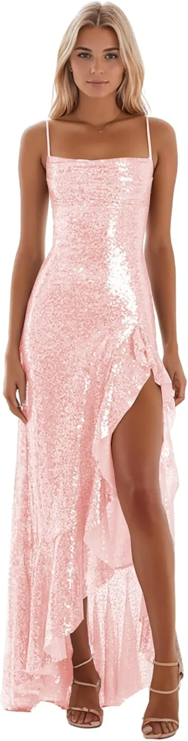 Mermaid Prom Dresses for Women Sparkly Long Evening Dress with Slit Spaghetti Straps Formal Gown