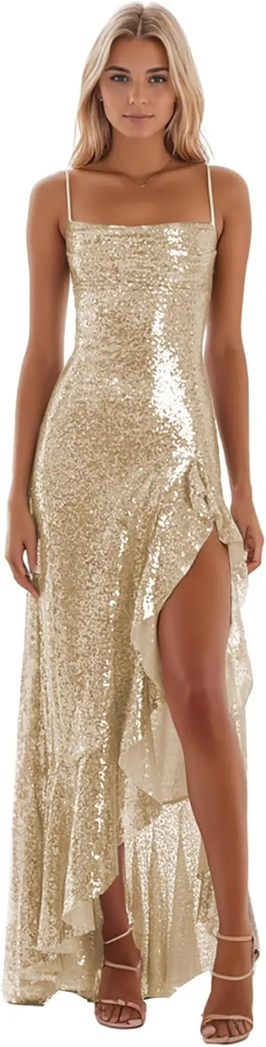 Mermaid Prom Dresses for Women Sparkly Long Evening Dress with Slit Spaghetti Straps Formal Gown