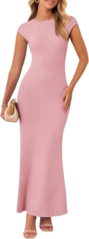 MEROKEETY Women's Cap Sleeve Rib Knit Maxi Dress Crew Neck Slim Fit Bodycon Summer Sweater Dresses