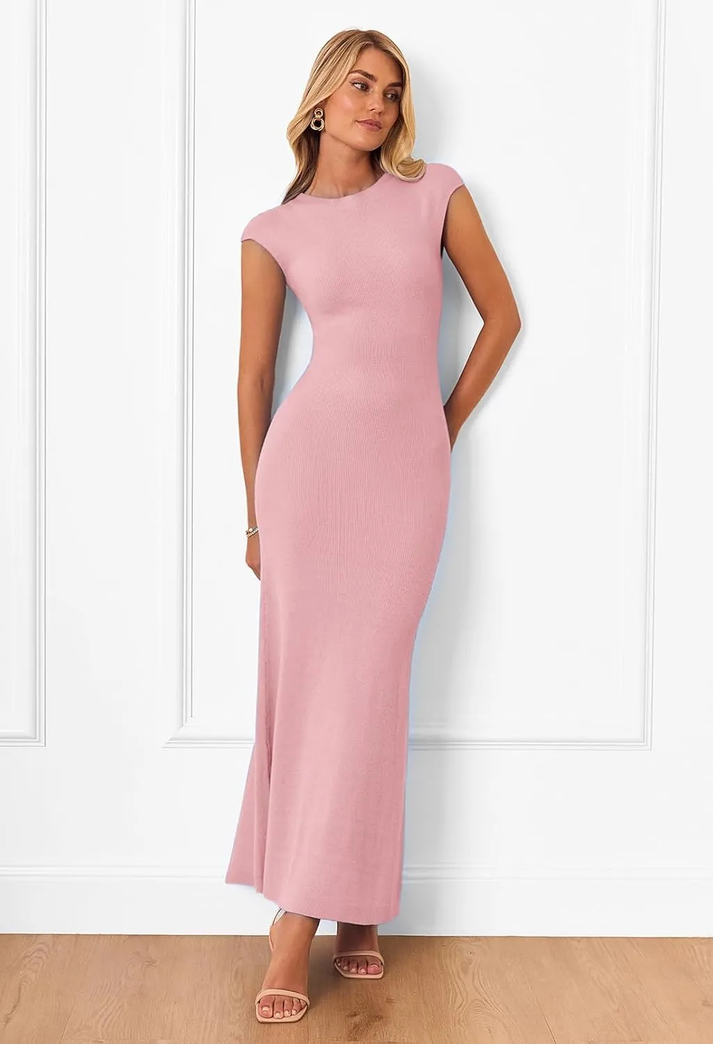 MEROKEETY Women's Cap Sleeve Rib Knit Maxi Dress Crew Neck Slim Fit Bodycon Summer Sweater Dresses