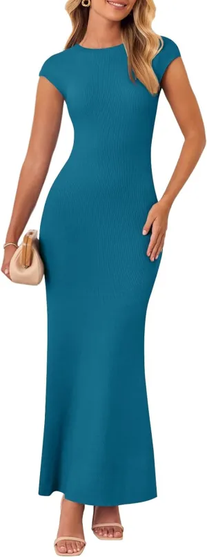 MEROKEETY Women's Cap Sleeve Rib Knit Maxi Dress Crew Neck Slim Fit Bodycon Summer Sweater Dresses