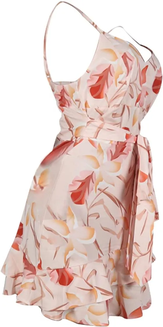 MESLIMA Women' s Summer Halter V Neck Floral Print Ruffle Swing A Line Beach Mini Dress