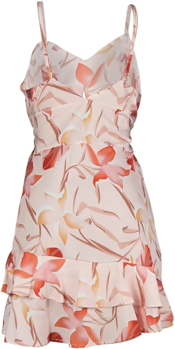 MESLIMA Women' s Summer Halter V Neck Floral Print Ruffle Swing A Line Beach Mini Dress