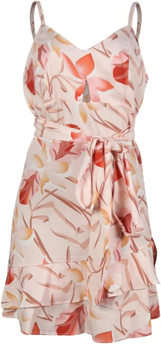 MESLIMA Women' s Summer Halter V Neck Floral Print Ruffle Swing A Line Beach Mini Dress