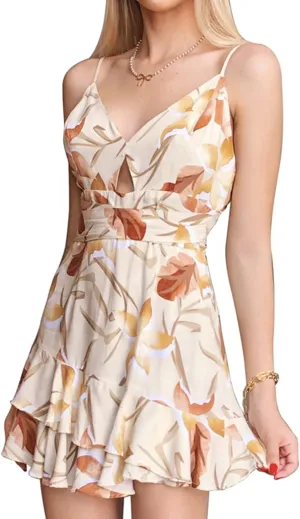 MESLIMA Women' s Summer Halter V Neck Floral Print Ruffle Swing A Line Beach Mini Dress
