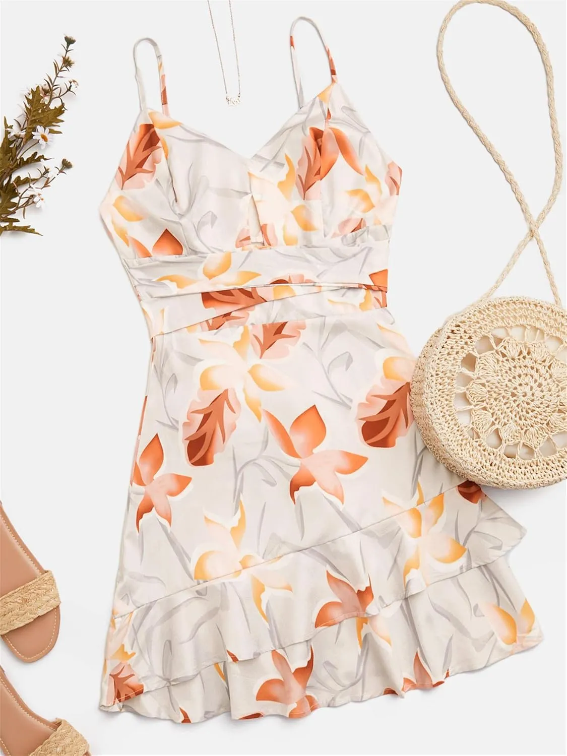 MESLIMA Women' s Summer Halter V Neck Floral Print Ruffle Swing A Line Beach Mini Dress