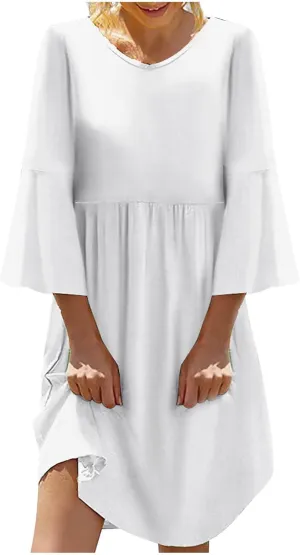 Midi Dress Women Plain 3/4 Sleeve Ruffle Aline Swing Casual Dresses Fashion Trendy 2025 Plus Size Cotton Linen Clothes