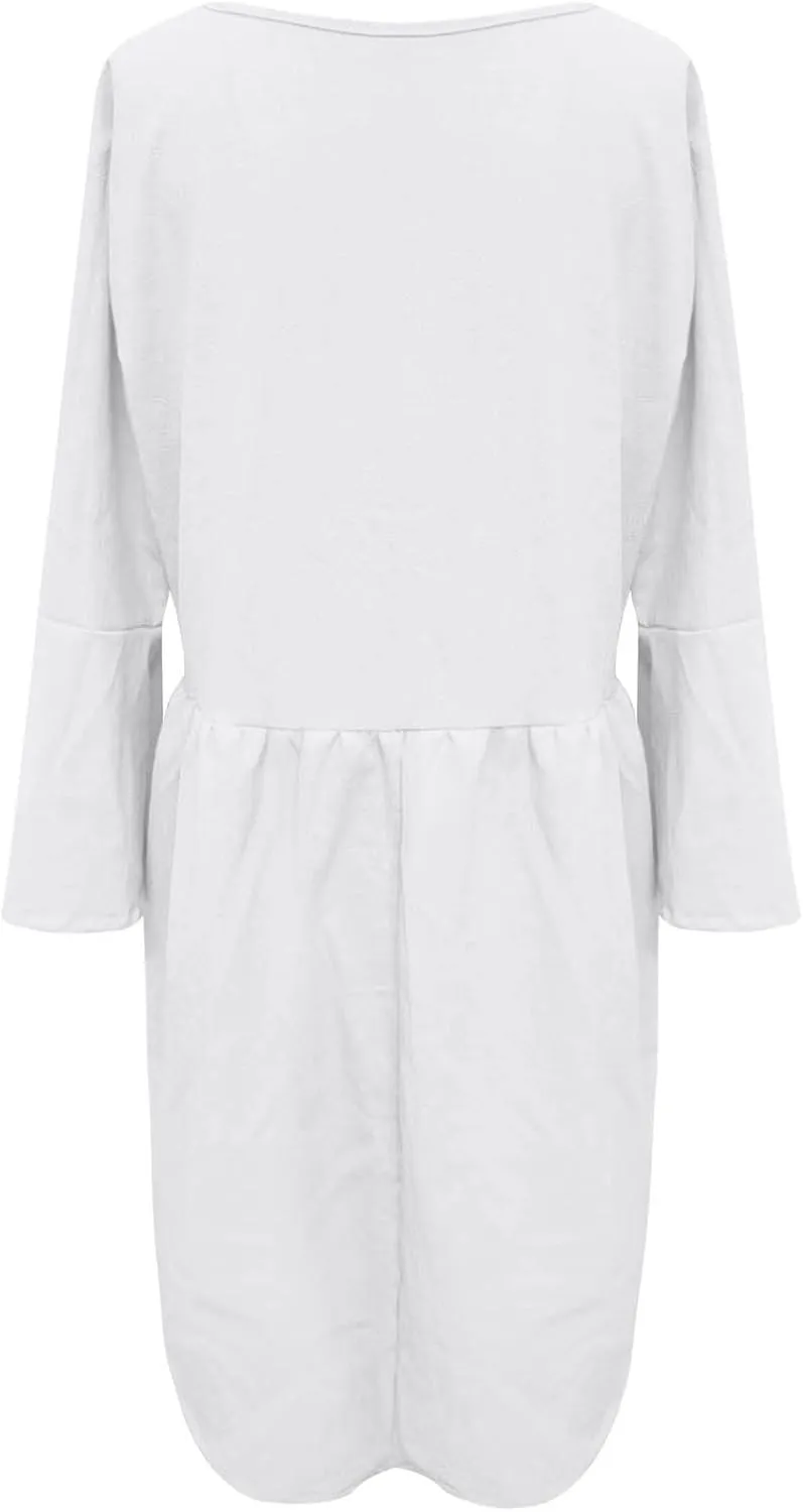 Midi Dress Women Plain 3/4 Sleeve Ruffle Aline Swing Casual Dresses Fashion Trendy 2025 Plus Size Cotton Linen Clothes