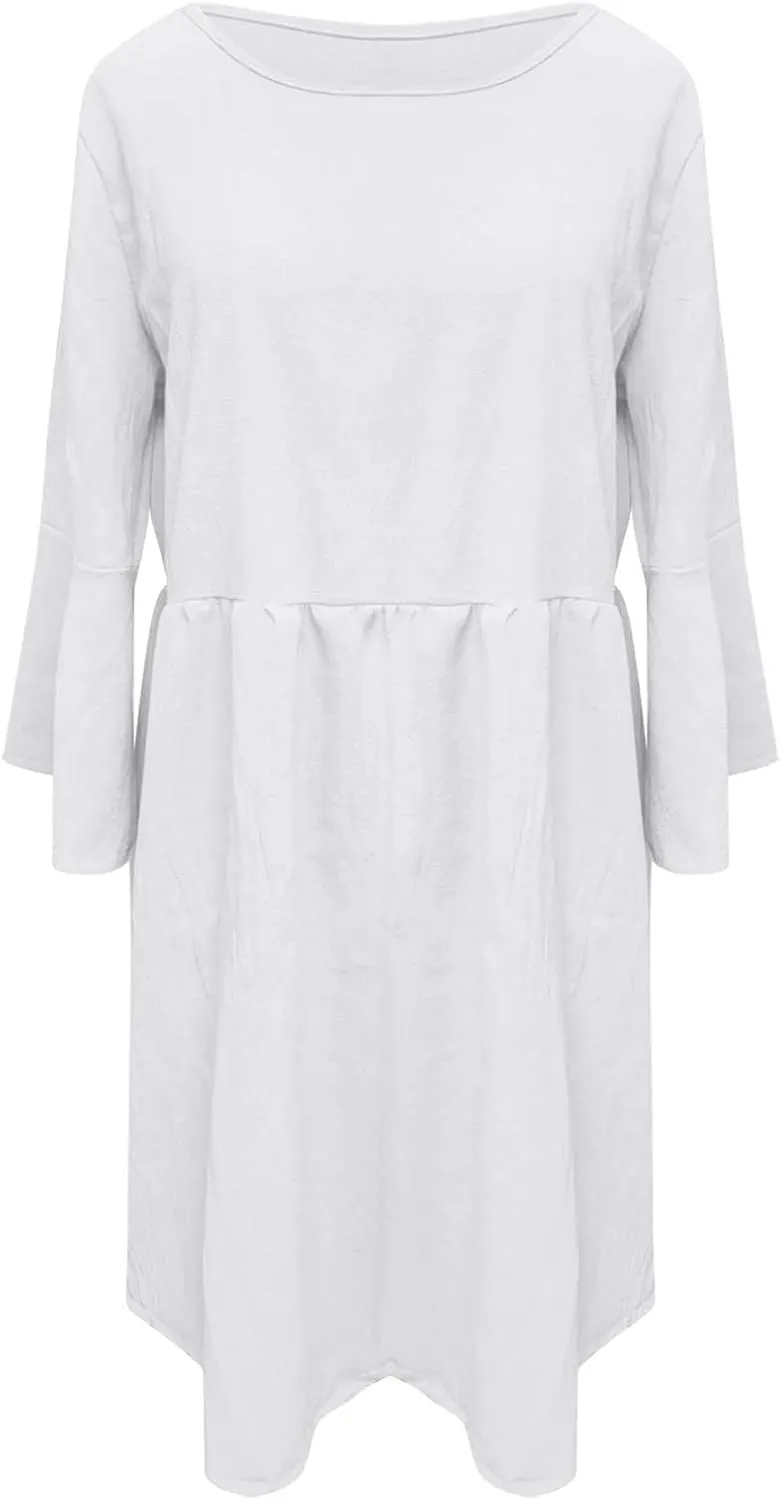 Midi Dress Women Plain 3/4 Sleeve Ruffle Aline Swing Casual Dresses Fashion Trendy 2025 Plus Size Cotton Linen Clothes