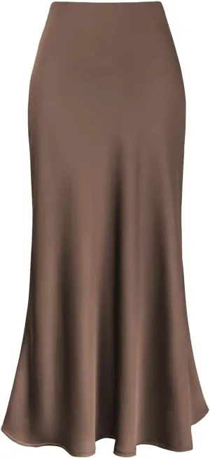 Midi Skirts for Women High Waist Soft Silk Satin Back Zipper Summer Casual Midi Length Flowy Pleated Elastic Skirt