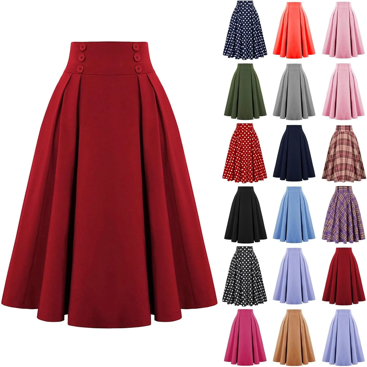 Midi Skirts for Women Trendy Vintage Elastic High Waisted Pleated Skirt Casual A Line Flowy Long Skirt