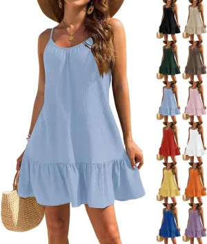 Mini Dresses for Women Summer Sleeveless Spaghetti Straps Tank Dress Loose Boho Beach Tiered Flowy Dress Sundress