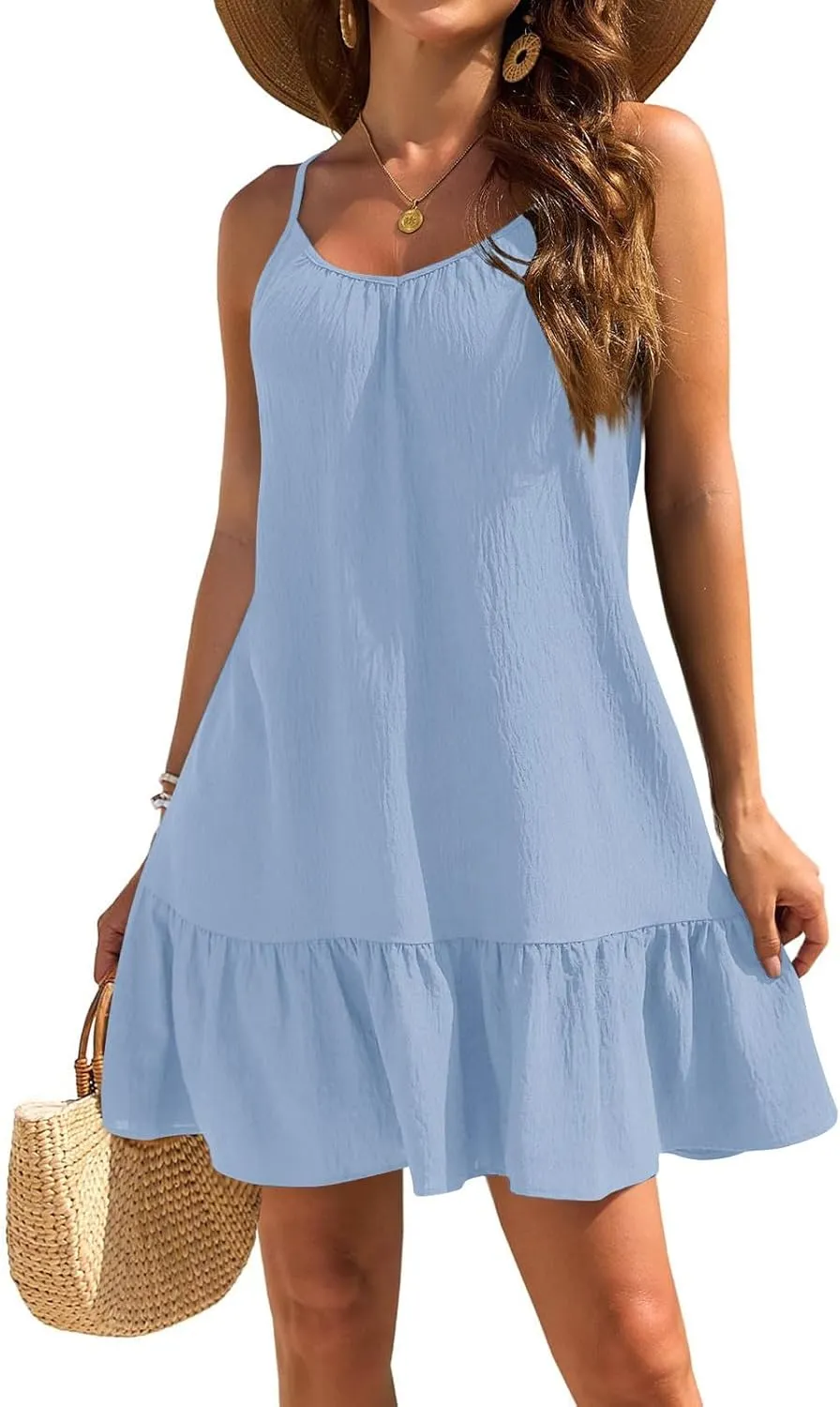 Mini Dresses for Women Summer Sleeveless Spaghetti Straps Tank Dress Loose Boho Beach Tiered Flowy Dress Sundress