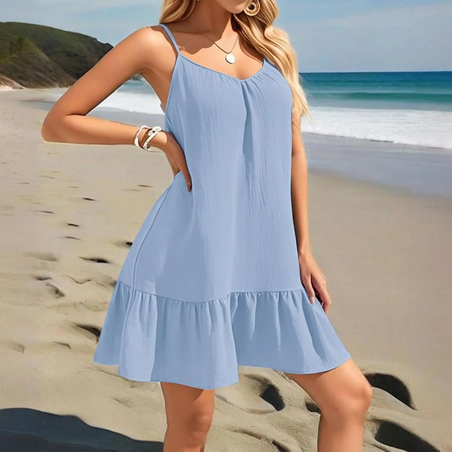 Mini Dresses for Women Summer Sleeveless Spaghetti Straps Tank Dress Loose Boho Beach Tiered Flowy Dress Sundress