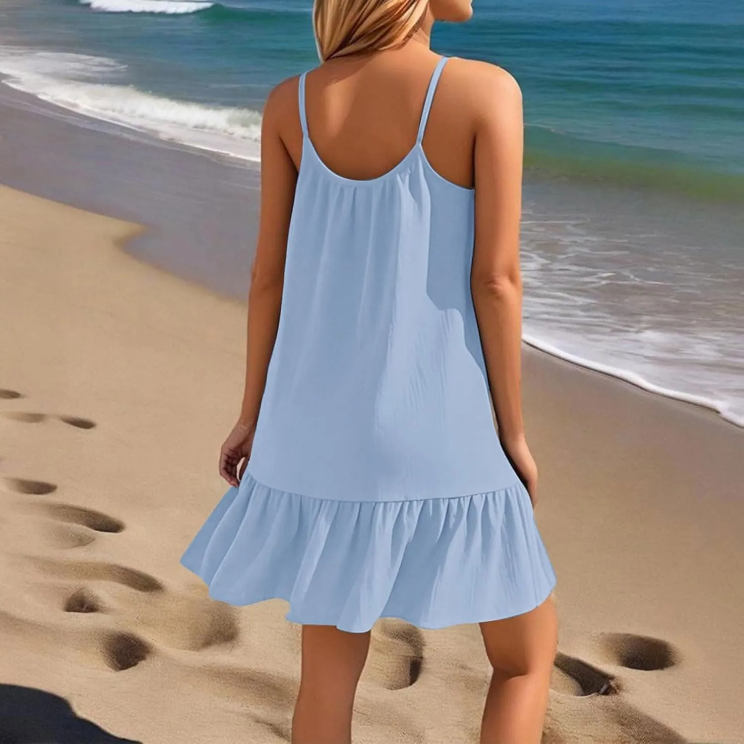 Mini Dresses for Women Summer Sleeveless Spaghetti Straps Tank Dress Loose Boho Beach Tiered Flowy Dress Sundress