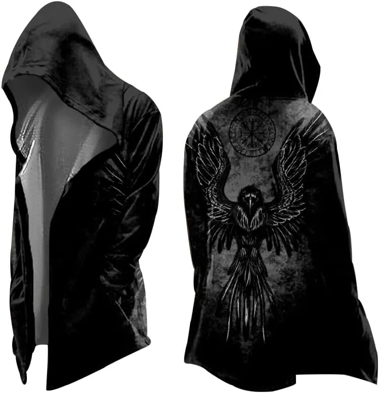 Norse Myth Cosplay Capes Mid-Length Hooded Cardigan 3D Printed Cool Mens Biker Jacket Spring Fall Coat Medieval Gift
