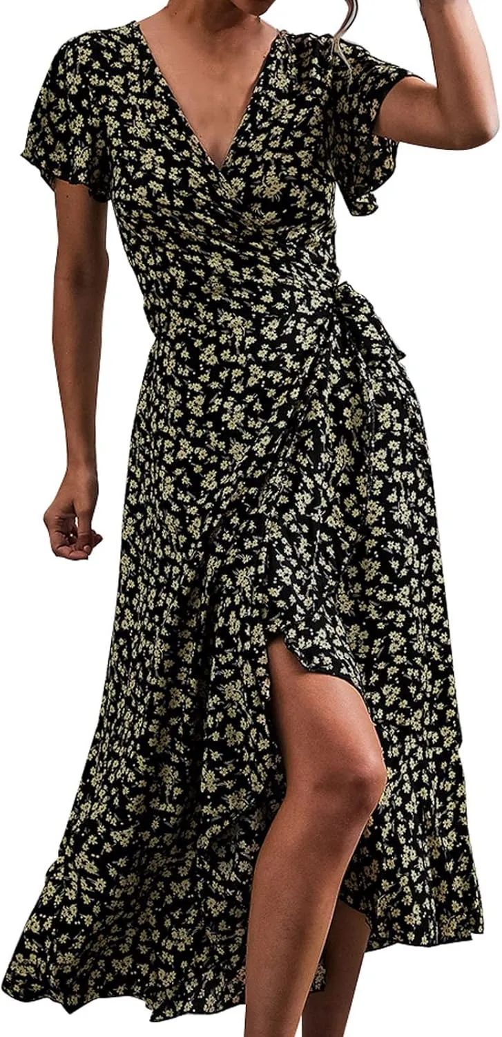 Ollysqiar Dresses Women's 2023 Floral Summer Dress Wrap V Neck Short Sleeve Belted Ruffle Hem A-Line Bohemian Dresses A02 96