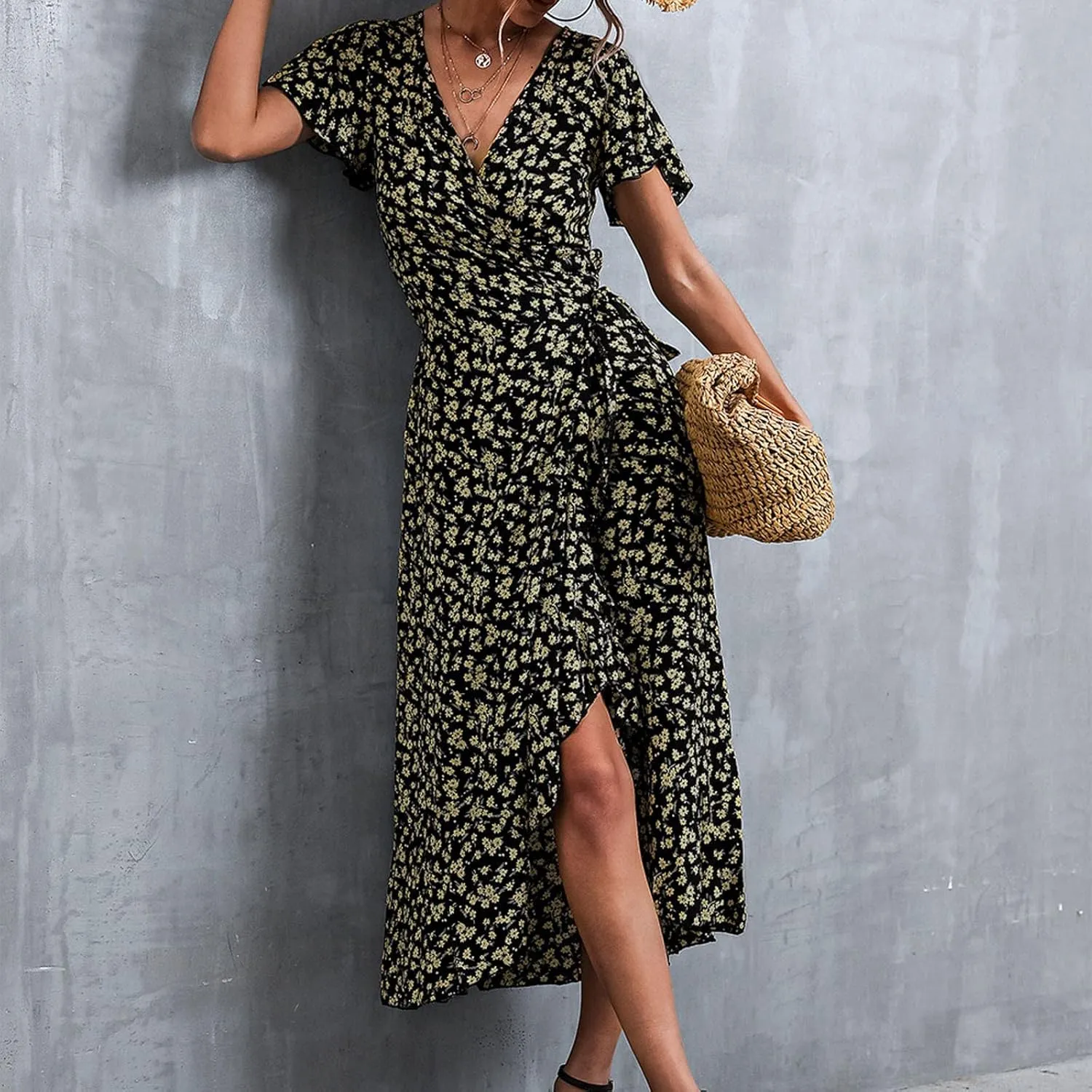 Ollysqiar Dresses Women's 2023 Floral Summer Dress Wrap V Neck Short Sleeve Belted Ruffle Hem A-Line Bohemian Dresses A02 96