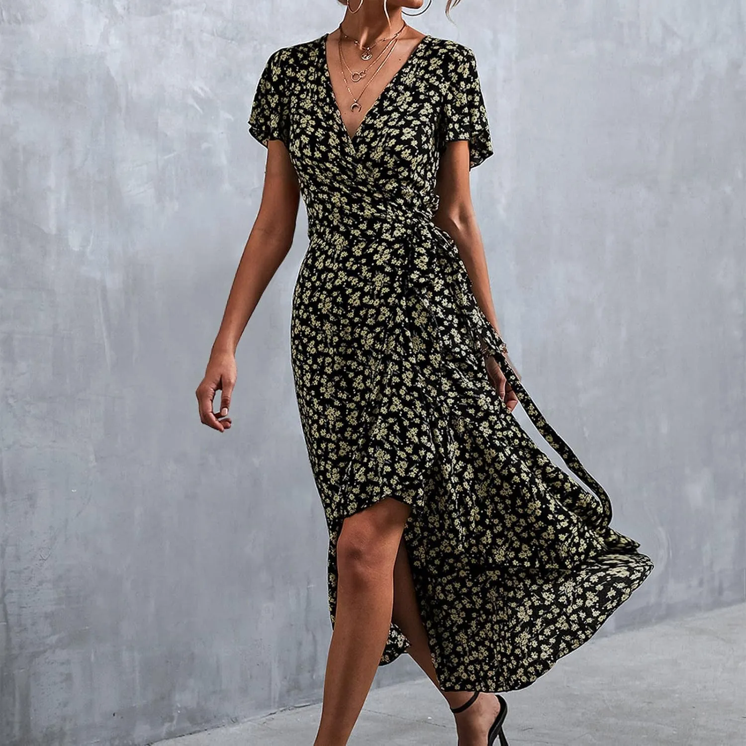 Ollysqiar Dresses Women's 2023 Floral Summer Dress Wrap V Neck Short Sleeve Belted Ruffle Hem A-Line Bohemian Dresses A02 96