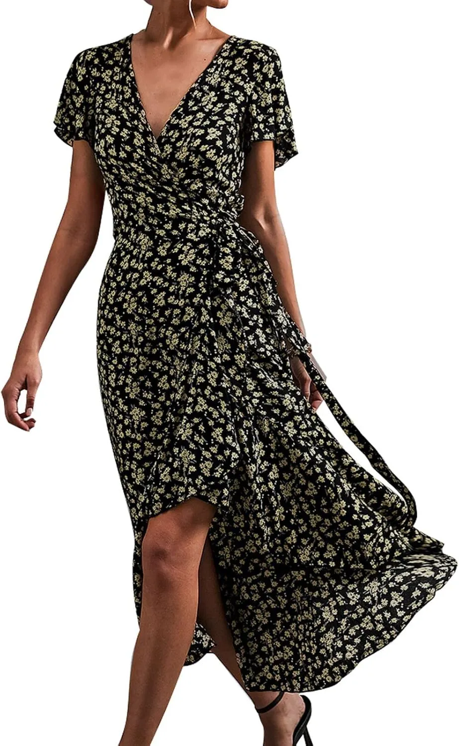 Ollysqiar Dresses Women's 2023 Floral Summer Dress Wrap V Neck Short Sleeve Belted Ruffle Hem A-Line Bohemian Dresses A02 96